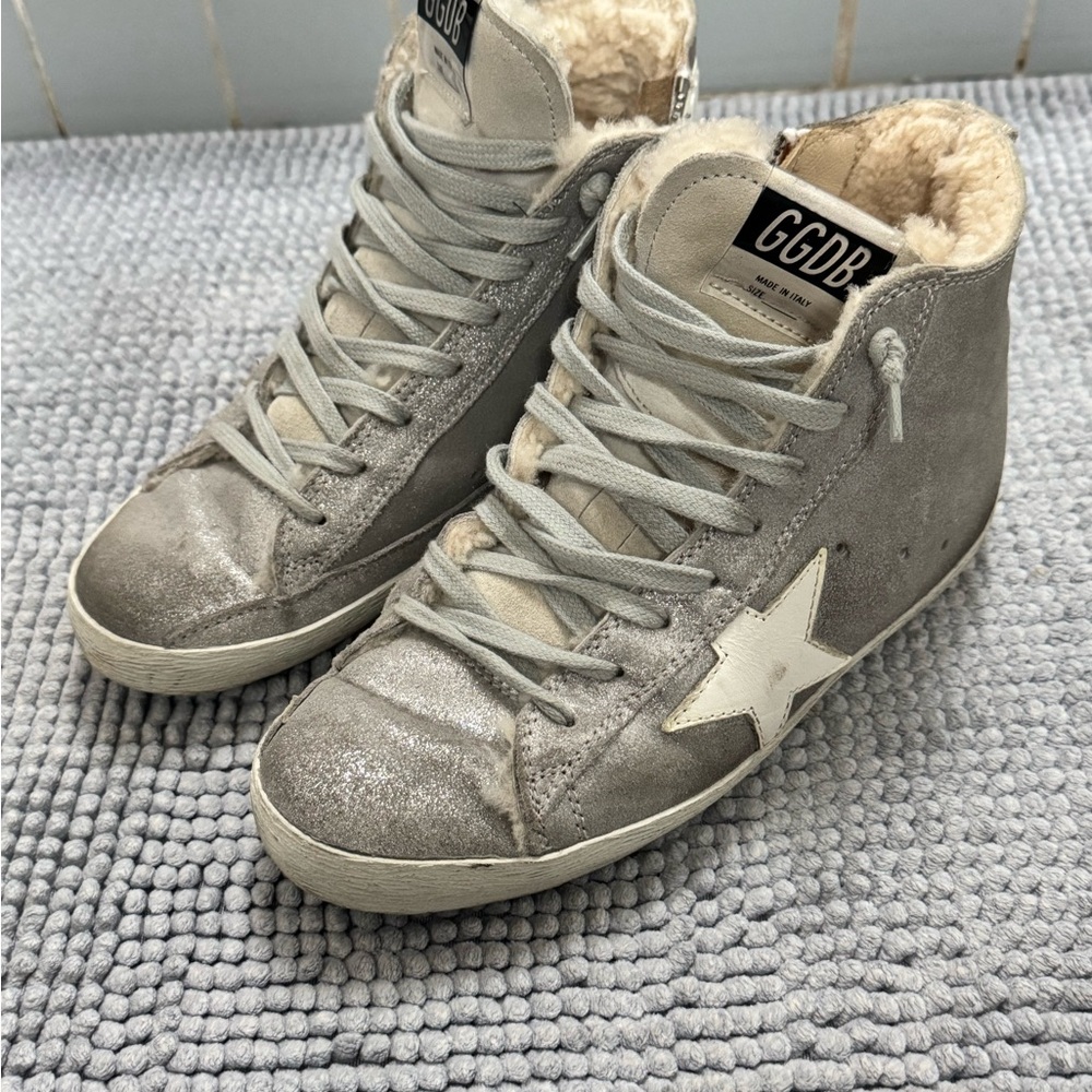 Golden Goose Silver-Gray High-Top Sneakers with White Star